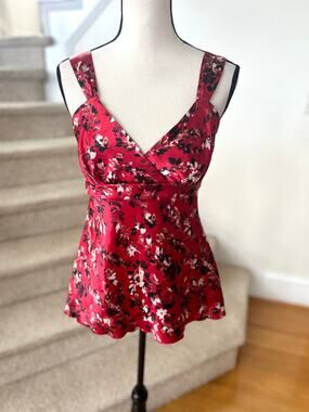 Vintage Y2K Red Satin Baby Doll Sleeveless Black Metallic Gold Floral Tank Top